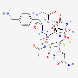 molecular formula C34H47N9O12S3 B10826587 (3S,6S,11S,14S,23S)-6-acetamido-20-[[4-(aminomethyl)phenyl]methyl]-3-(2-amino-2-oxoethyl)-14-(carboxymethyl)-24,24-dimethyl-2,5,13,16,19,22-hexaoxo-8,9,25-trithia-1,4,12,15,18,21-hexazabicyclo[21.3.0]hexacosane-11-carboxylic acid 