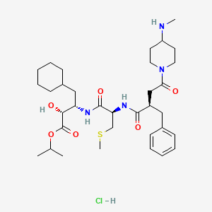 molecular formula C34H55ClN4O6S B10827018 Cyclohexanebutanoic acid, alpha-hydroxy-beta-((2-((4-(4-(methylamino)-1-piperidinyl)-1,4-dioxo-2-(phenylmethyl)butyl)amino)-3-(methylthio)-1-oxopropyl)amino)-, 1-methylethyl ester, monohydrochloride, (alphaR-(alphaR*,betaS*(R*(R*))))- CAS No. 137991-82-3