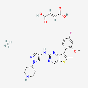 molecular formula C27H31FN6O5S B10830194 (E)-but-2-enedioic acid;7-(4-fluoro-2-methoxyphenyl)-6-methyl-N-(1-piperidin-4-ylpyrazol-4-yl)thieno[3,2-d]pyrimidin-2-amine;methane 