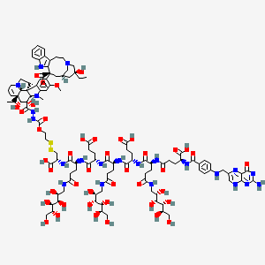 molecular formula C111H156N22O43S2 B10832682 (2S)-2-[[4-[(2-amino-4-oxo-8H-pteridin-6-yl)methylamino]benzoyl]amino]-5-[[(2S)-1-[[(2S)-4-carboxy-1-[[(2S)-1-[[(2S)-4-carboxy-1-[[(2S)-1-[[(1R)-1-carboxy-2-[2-[[[(1R,9R,10S,11R,12R,19R)-12-ethyl-4-[(13S,15R,17S)-17-ethyl-17-hydroxy-13-methoxycarbonyl-1,11-diazatetracyclo[13.3.1.04,12.05,10]nonadeca-4(12),5,7,9-tetraen-13-yl]-10,11-dihydroxy-5-methoxy-8-methyl-8,16-diazapentacyclo[10.6.1.01,9.02,7.016,19]nonadeca-2,4,6,13-tetraene-10-carbonyl]amino]carbamoyloxy]ethyldisulfanyl]ethyl]amino]-1,5-dioxo-5-[[(2S,3R,4R,5R)-2,3,4,5,6-pentahydroxyhexyl]amino]pentan-2-yl]amino]-1-oxobutan-2-yl]amino]-1,5-dioxo-5-[[(2S,3R,4R,5R)-2,3,4,5,6-pentahydroxyhexyl]amino]pentan-2-yl]amino]-1-oxobutan-2-yl]amino]-1,5-dioxo-5-[[(2S,3R,4R,5R)-2,3,4,5,6-pentahydroxyhexyl]amino]pentan-2-yl]amino]-5-oxopentanoic acid 