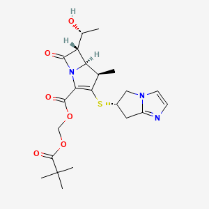 molecular formula C22H29N3O6S B10832694 2,2-dimethylpropanoyloxymethyl (4R,5S,6S)-3-[[(6S)-6,7-dihydro-5H-pyrrolo[1,2-a]imidazol-6-yl]sulfanyl]-6-[(1R)-1-hydroxyethyl]-4-methyl-7-oxo-1-azabicyclo[3.2.0]hept-2-ene-2-carboxylate CAS No. 184633-88-3