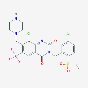 molecular formula C23H23Cl2F3N4O4S B10833020 8-chloro-3-[(5-chloro-2-ethylsulfonylphenyl)methyl]-7-(piperazin-1-ylmethyl)-6-(trifluoromethyl)-8H-quinazoline-2,4-dione 