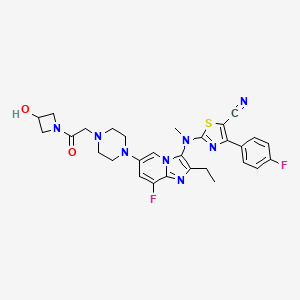 molecular formula C29H30F2N8O2S B10833250 2-[[2-ethyl-8-fluoro-6-[4-[2-(3-hydroxyazetidin-1-yl)-2-oxoethyl]piperazin-1-yl]imidazo[1,2-a]pyridin-3-yl]-methylamino]-4-(4-fluorophenyl)-1,3-thiazole-5-carbonitrile 