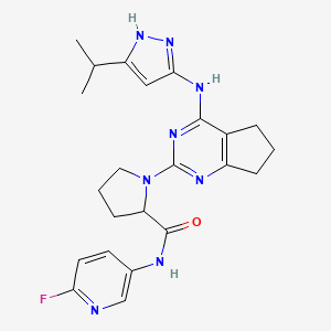 molecular formula C23H27FN8O B10833287 N-(6-fluoro-3-pyridyl)-1-[4-[(5-isopropyl-1H-pyrazol-3-yl)amino]-6,7-dihydro-5H-cyclopenta[d]pyrimidin-2-yl]pyrrolidine-2-carboxamide 