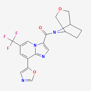 molecular formula C18H15F3N4O3 B10833971 3-Oxa-8-azabicyclo[3.2.1]oct-8-yl(8-(1,3-oxazol-5-yl)-6-(trifluoromethyl)imidazo[1,2-a]pyridin-3-yl)methanone 