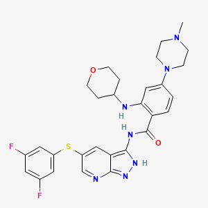 molecular formula C29H31F2N7O2S B10834163 N-(5-(3,5-difluorophenylthio)-1-H-pyrazolo[3,4-b]pyridine-3-yl)-4-(4-methylpiperazine-1-yl)-2-(tetrahydro-2H-pyran-4-ylamino)benzamide 