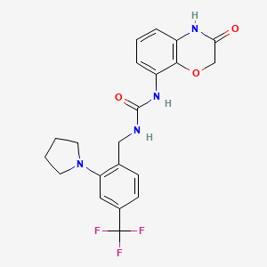 molecular formula C21H21F3N4O3 B10834234 1-(4-(trifluoromethyl)-2-(pyrrolidin-1-yl)benzyl)-3-(3,4-dihydro-3-oxo-2H-benzo[b][1,4]oxazin-8-yl)urea 