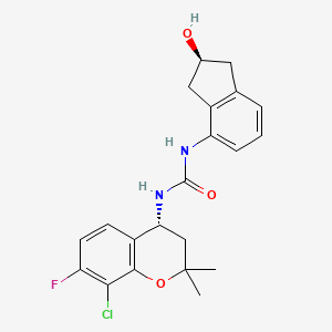 molecular formula C21H22ClFN2O3 B10834386 1-[(4R)-8-chloro-7-fluoro-2,2-dimethyl-3,4-dihydrochromen-4-yl]-3-[(2S)-2-hydroxy-2,3-dihydro-1H-inden-4-yl]urea 