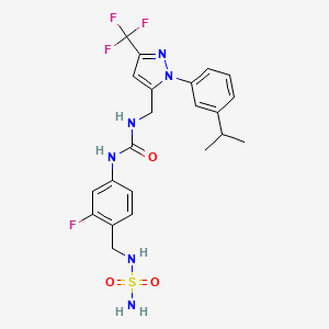 molecular formula C22H24F4N6O3S B10834481 1-[3-Fluoro-4-[(sulfamoylamino)methyl]phenyl]-3-[[2-(3-propan-2-ylphenyl)-5-(trifluoromethyl)pyrazol-3-yl]methyl]urea 