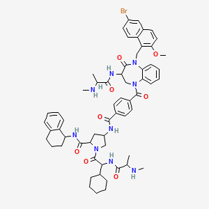 molecular formula C60H70BrN9O8 B10834586 4-[[4-[5-[(6-bromo-2-methoxynaphthalen-1-yl)methyl]-3-[2-(methylamino)propanoylamino]-4-oxo-2,3-dihydro-1,5-benzodiazepine-1-carbonyl]benzoyl]amino]-1-[2-cyclohexyl-2-[2-(methylamino)propanoylamino]acetyl]-N-(1,2,3,4-tetrahydronaphthalen-1-yl)pyrrolidine-2-carboxamide 