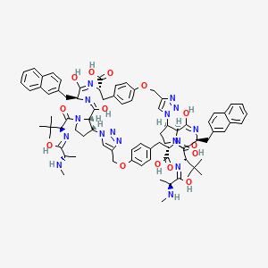 molecular formula C80H96N16O14 B10834613 (8R,12S,15S,18S,30R,34S,37S,40S)-13,16,35,38-tetrahydroxy-11,33-bis[(2S)-2-[[(2S)-1-hydroxy-2-(methylamino)propylidene]amino]-3,3-dimethylbutanoyl]-15,37-bis(naphthalen-2-ylmethyl)-2,24-dioxa-5,6,7,11,14,17,27,28,29,33,36,39-dodecazaheptacyclo[40.2.2.220,23.14,7.126,29.08,12.030,34]pentaconta-1(45),4(50),5,13,16,20,22,26(47),27,35,38,42(46),43,48-tetradecaene-18,40-dicarboxylic acid 