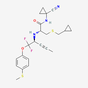 molecular formula C23H27F2N3O2S2 B10835089 (2R)-N-(1-cyanocyclopropyl)-3-(cyclopropylmethylsulfanyl)-2-[[(2S)-1,1-difluoro-1-(4-methylsulfanylphenoxy)pent-3-yn-2-yl]amino]propanamide 