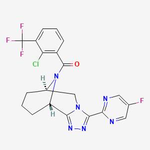molecular formula C20H15ClF4N6O B10835122 [2-chloro-3-(trifluoromethyl)phenyl]-[(1S,8R)-5-(5-fluoropyrimidin-2-yl)-3,4,6,12-tetrazatricyclo[6.3.1.02,6]dodeca-2,4-dien-12-yl]methanone 