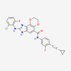 molecular formula C27H19ClF2N4O3 B10835278 2-(2-chloro-6-fluoroanilino)-N-[4-(2-cyclopropylethynyl)-3-fluorophenyl]-7,8-dihydro-3H-[1,4]dioxino[2,3-e]benzimidazole-5-carboxamide 