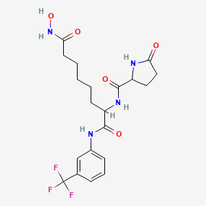 molecular formula C20H25F3N4O5 B10835637 N'-hydroxy-2-[(5-oxopyrrolidine-2-carbonyl)amino]-N-[3-(trifluoromethyl)phenyl]octanediamide 