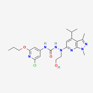 molecular formula C22H30ClN7O3 B10836486 N-(2-Chloro-6-propoxypyridin-4-yl)-2-(2-hydroxyethyl)-2-(4-isopropyl-1,3-dimethyl-1H-pyrazolo(3,4-b)pyridin-6-yl)hydrazinecarboxamide CAS No. 1463913-43-0