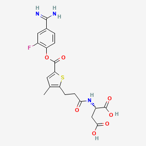 molecular formula C20H20FN3O7S B10836734 (2S)-2-[3-[5-(4-carbamimidoyl-2-fluorophenoxy)carbonyl-3-methylthiophen-2-yl]propanoylamino]butanedioic acid 