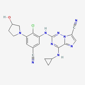 molecular formula C20H18ClN9O B10836846 2-[2-Chloro-5-cyano-3-(3-hydroxypyrrolidin-1-yl)anilino]-4-(cyclopropylamino)imidazo[2,1-f][1,2,4]triazine-7-carbonitrile 