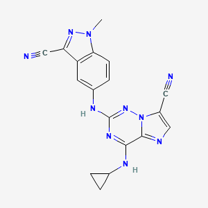 molecular formula C18H14N10 B10836865 2-[(3-Cyano-1-methylindazol-5-yl)amino]-4-(cyclopropylamino)imidazo[2,1-f][1,2,4]triazine-7-carbonitrile 