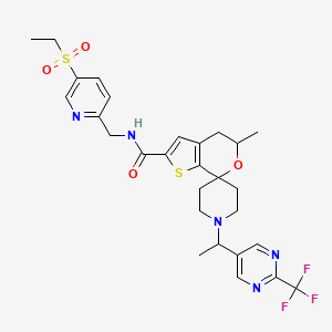 molecular formula C28H32F3N5O4S2 B10837115 N-[(5-ethylsulfonylpyridin-2-yl)methyl]-5-methyl-1'-[1-[2-(trifluoromethyl)pyrimidin-5-yl]ethyl]spiro[4,5-dihydrothieno[2,3-c]pyran-7,4'-piperidine]-2-carboxamide 