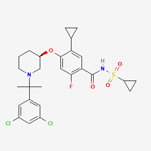molecular formula C27H31Cl2FN2O4S B10837128 5-cyclopropyl-N-cyclopropylsulfonyl-4-[(3R)-1-[2-(3,5-dichlorophenyl)propan-2-yl]piperidin-3-yl]oxy-2-fluorobenzamide 