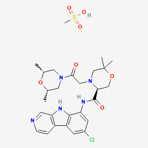 molecular formula C27H36ClN5O7S B10837437 (S)-N-(6-chloro-9H-pyrido[3,4-b]indol-8-yl)-4-(2-((2S,6R)-2,6-dimethylmorpholino)-2-oxoethyl)-6,6-dimethylmorpholine-3-carboxamide mesylate 