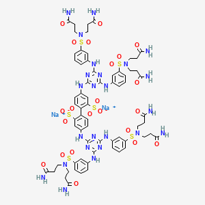 molecular formula C66H76N24Na2O22S6 B10837692 disodium;5-[[4,6-bis[3-[bis(3-amino-3-oxopropyl)sulfamoyl]anilino]-1,3,5-triazin-2-yl]amino]-2-[4-[[4,6-bis[3-[bis(3-amino-3-oxopropyl)sulfamoyl]anilino]-1,3,5-triazin-2-yl]amino]-2-sulfonatophenyl]benzenesulfonate 