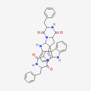 molecular formula C40H36N6O4 B10838058 4-Benzyl-9-(4-benzyl-3,6-dioxo-2,5,16-triazatetracyclo[7.7.0.02,7.010,15]hexadeca-10,12,14-trien-9-yl)-2,5,16-triazatetracyclo[7.7.0.02,7.010,15]hexadeca-10,12,14-triene-3,6-dione 