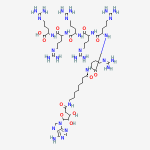 molecular formula C54H98N30O12 B10846616 2-[[2-[[2-[[2-[[2-[[2-[8-[[5-(6-Aminopurin-9-yl)-3,4-dihydroxyoxolane-2-carbonyl]amino]octanoylamino]-5-(diaminomethylideneamino)pentanoyl]amino]-5-(diaminomethylideneamino)pentanoyl]amino]-5-(diaminomethylideneamino)pentanoyl]amino]-5-(diaminomethylideneamino)pentanoyl]amino]-5-(diaminomethylideneamino)pentanoyl]amino]-5-(diaminomethylideneamino)pentanoic acid 