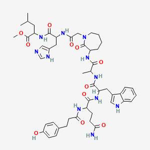 molecular formula C49H65N11O11 B10849583 methyl 2-[[2-[[2-[3-[2-[[2-[[5-amino-2-[3-(4-hydroxyphenyl)propanoylamino]-5-oxopentanoyl]amino]-3-(1H-indol-3-yl)propanoyl]amino]propanoylamino]-2-oxoazepan-1-yl]acetyl]amino]-3-(1H-imidazol-5-yl)propanoyl]amino]-4-methylpentanoate 