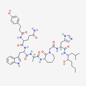 molecular formula C52H73N11O10 B10849585 N-[1-[[1-[[1-[2-[[1-[[(4R)-5-hydroxy-2-methylnonan-4-yl]amino]-3-(1H-imidazol-5-yl)-1-oxopropan-2-yl]amino]-2-oxoethyl]-2-oxoazepan-3-yl]amino]-1-oxopropan-2-yl]amino]-3-(1H-indol-3-yl)-1-oxopropan-2-yl]-2-[3-(4-hydroxyphenyl)propanoylamino]pentanediamide 
