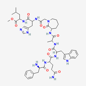 molecular formula C49H66N12O10 B10849594 methyl 2-[[2-[[2-[3-[2-[[2-[[5-amino-2-[[(2R)-2-amino-3-phenylpropanoyl]amino]-5-oxopentanoyl]amino]-3-(1H-indol-3-yl)propanoyl]amino]propanoylamino]-2-oxoazepan-1-yl]acetyl]amino]-3-(1H-imidazol-5-yl)propanoyl]amino]-4-methylpentanoate 