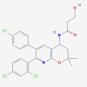 molecular formula C25H23Cl3N2O3 B10851134 N-(6-(4-Chlorophenyl)-7-(2,4-dichlorophenyl)-2,2-dimethyl-3,4-dihydro-2H-pyrano[2,3-B]pyridin-4-YL)-3-hydroxypropanamide (enantiomeric mix) 