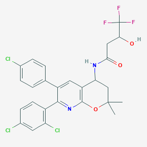 molecular formula C26H22Cl3F3N2O3 B10851445 N-[6-(4-Chlorophenyl)-7-(2,4-dichlorophenyl)-2,2-dimethyl-3,4-dihydro-2H-pyrano[2,3-B]pyridine-4-YL]-4,4,4-trifluoro-3-hydroxybutanamide (diastereomeric mix) 