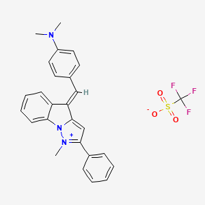 molecular formula C27H24F3N3O3S B10852252 N,N-dimethyl-4-[(E)-(1-methyl-2-phenylpyrazolo[1,5-a]indol-1-ium-4-ylidene)methyl]aniline;trifluoromethanesulfonate 