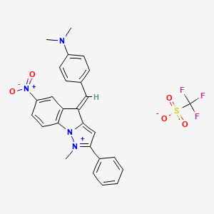 molecular formula C27H23F3N4O5S B10852286 N,N-dimethyl-4-[(E)-(1-methyl-6-nitro-2-phenylpyrazolo[1,5-a]indol-1-ium-4-ylidene)methyl]aniline;trifluoromethanesulfonate 