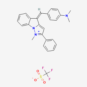 molecular formula C27H24F3N3O3S B10852386 N,N-dimethyl-4-[(Z)-(1-methyl-2-phenylpyrazolo[1,5-a]indol-1-ium-4-ylidene)methyl]aniline;trifluoromethanesulfonate 