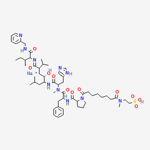 molecular formula C56H85N10NaO11S B10853465 sodium;4-hydroxy-5-[[3-(1H-imidazol-5-yl)-2-[methyl-[2-[[1-[8-[methyl(2-sulfoethyl)amino]-8-oxooctanoyl]pyrrolidine-2-carbonyl]amino]-3-phenylpropanoyl]amino]propanoyl]amino]-7-methyl-N-[3-methyl-1-oxo-1-(pyridin-2-ylmethylamino)pentan-2-yl]-2-propan-2-yloctanimidate 