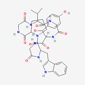 molecular formula C36H44N8O9 B10853910 9-[hydroxy-(4-hydroxyphenyl)methyl]-3-(1H-indol-3-ylmethyl)-15-propan-2-yl-1,4,7,10,13,16,19-heptazabicyclo[19.3.0]tetracosane-2,5,8,11,14,17,20-heptone 