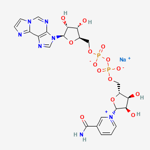 molecular formula C23H26N7NaO14P2 B10854152 sodium;[[(2R,3S,4R,5R)-5-(3-carbamoylpyridin-1-ium-1-yl)-3,4-dihydroxyoxolan-2-yl]methoxy-oxidophosphoryl] [(2R,3S,4R,5R)-3,4-dihydroxy-5-imidazo[2,1-f]purin-3-yloxolan-2-yl]methyl phosphate 