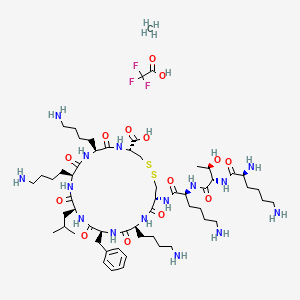 molecular formula C58H102F3N15O14S2 B10855269 methane;2,2,2-trifluoroacetic acid;(4R,7S,10S,13S,16S,19S,22R)-7,10,19-tris(4-aminobutyl)-22-[[(2S)-6-amino-2-[[(2S,3R)-2-[[(2S)-2,6-diaminohexanoyl]amino]-3-hydroxybutanoyl]amino]hexanoyl]amino]-16-benzyl-13-(2-methylpropyl)-6,9,12,15,18,21-hexaoxo-1,2-dithia-5,8,11,14,17,20-hexazacyclotricosane-4-carboxylic acid 