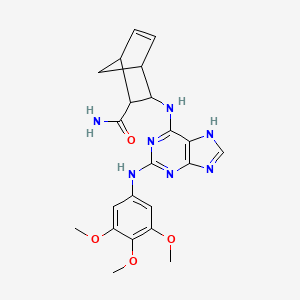 molecular formula C22H25N7O4 B10856097 3-[[2-(3,4,5-trimethoxyanilino)-7H-purin-6-yl]amino]bicyclo[2.2.1]hept-5-ene-2-carboxamide 