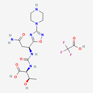 molecular formula C16H24F3N7O8 B10856685 (2S,3R)-2-[[(1S)-3-amino-3-oxo-1-(3-piperazin-1-yl-1,2,4-oxadiazol-5-yl)propyl]carbamoylamino]-3-hydroxybutanoic acid;2,2,2-trifluoroacetic acid 