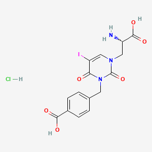 molecular formula C15H15ClIN3O6 B10856729 4-[[3-[(2S)-2-amino-2-carboxyethyl]-5-iodo-2,6-dioxopyrimidin-1-yl]methyl]benzoic acid;hydrochloride 