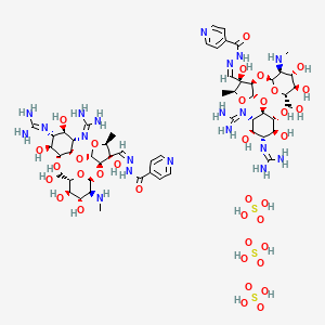 molecular formula C54H94N20O36S3 B10858759 N-[(Z)-[(2S,3R,4R,5R)-5-[(1R,2S,3R,4R,5S,6R)-2,4-bis(diaminomethylideneamino)-3,5,6-trihydroxycyclohexyl]oxy-4-[(2S,3S,4S,5R,6S)-4,5-dihydroxy-6-(hydroxymethyl)-3-(methylamino)oxan-2-yl]oxy-3-hydroxy-2-methyloxolan-3-yl]methylideneamino]pyridine-4-carboxamide;sulfuric acid 