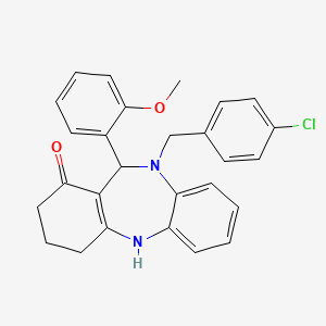molecular formula C27H25ClN2O2 B10863343 10-(4-chlorobenzyl)-11-(2-methoxyphenyl)-2,3,4,5,10,11-hexahydro-1H-dibenzo[b,e][1,4]diazepin-1-one 