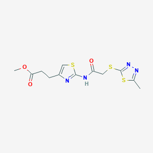 molecular formula C12H14N4O3S3 B10863364 Methyl 3-[2-({[(5-methyl-1,3,4-thiadiazol-2-yl)sulfanyl]acetyl}amino)-1,3-thiazol-4-yl]propanoate 