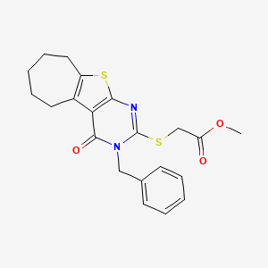 molecular formula C21H22N2O3S2 B10864275 Methyl 2-[(3-benzyl-4-oxo-3,5,6,7,8,9-hexahydro-4H-cyclohepta[4,5]thieno[2,3-D]pyrimidin-2-YL)sulfanyl]acetate 