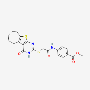 molecular formula C21H21N3O4S2 B10864518 Methyl 4-({2-[(4-oxo-3,5,6,7,8,9-hexahydro-4H-cyclohepta[4,5]thieno[2,3-D]pyrimidin-2-YL)sulfanyl]acetyl}amino)benzoate 