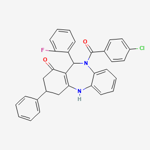 molecular formula C32H24ClFN2O2 B10870448 10-[(4-chlorophenyl)carbonyl]-11-(2-fluorophenyl)-3-phenyl-2,3,4,5,10,11-hexahydro-1H-dibenzo[b,e][1,4]diazepin-1-one 